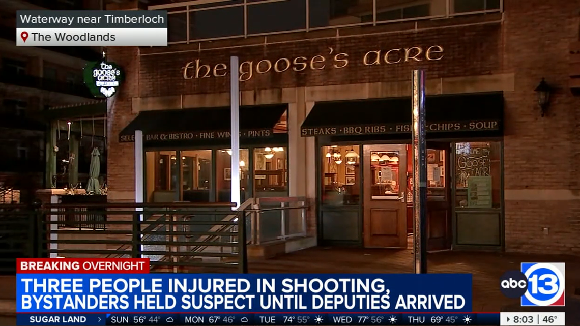 The accused gunman was detained and held by bystanders after deputies say he shot three people at a pub in The Woodlands community.