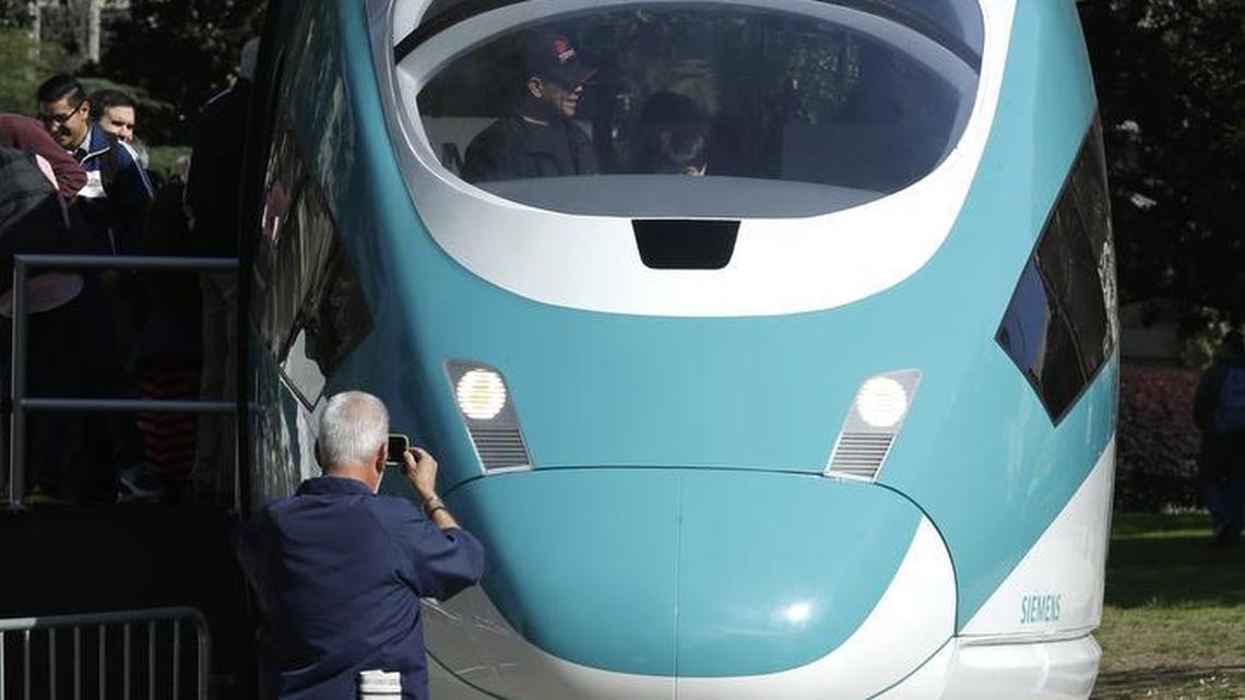 A full-scale mock-up of a high-speed train is displayed at the Capitol in Sacramento, Calif. Two big-ticket rail projects in North Texas are on a list of 50 infrastructure projects nationwide.