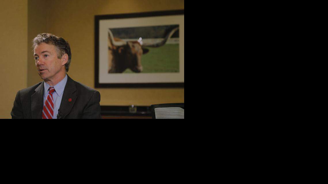 
Rand Paul talks to reporters Saturday at the Fort Worth Omni Hotel.
