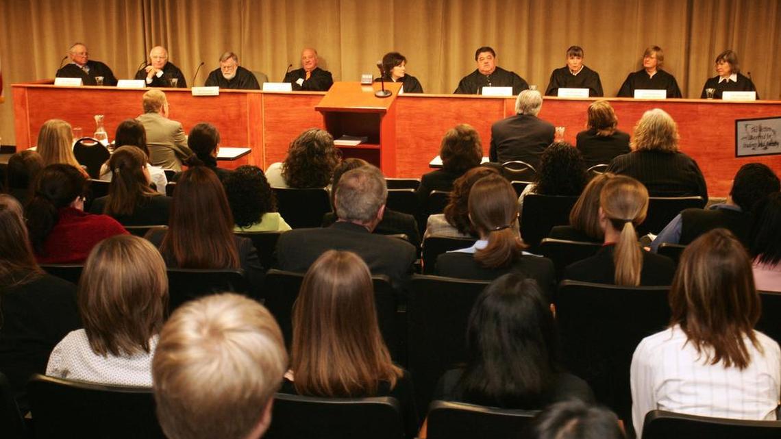 File: The judges of the Texas Court of Criminal Appeals participate in a Q & A session after hearing oral arguments for 2 cases at the Texas Wesleyan School of Law in Fort Worth TX Thursday MArch 1, 2007. (Special to the Star-Telegram/ Richard W. Rodriguez)