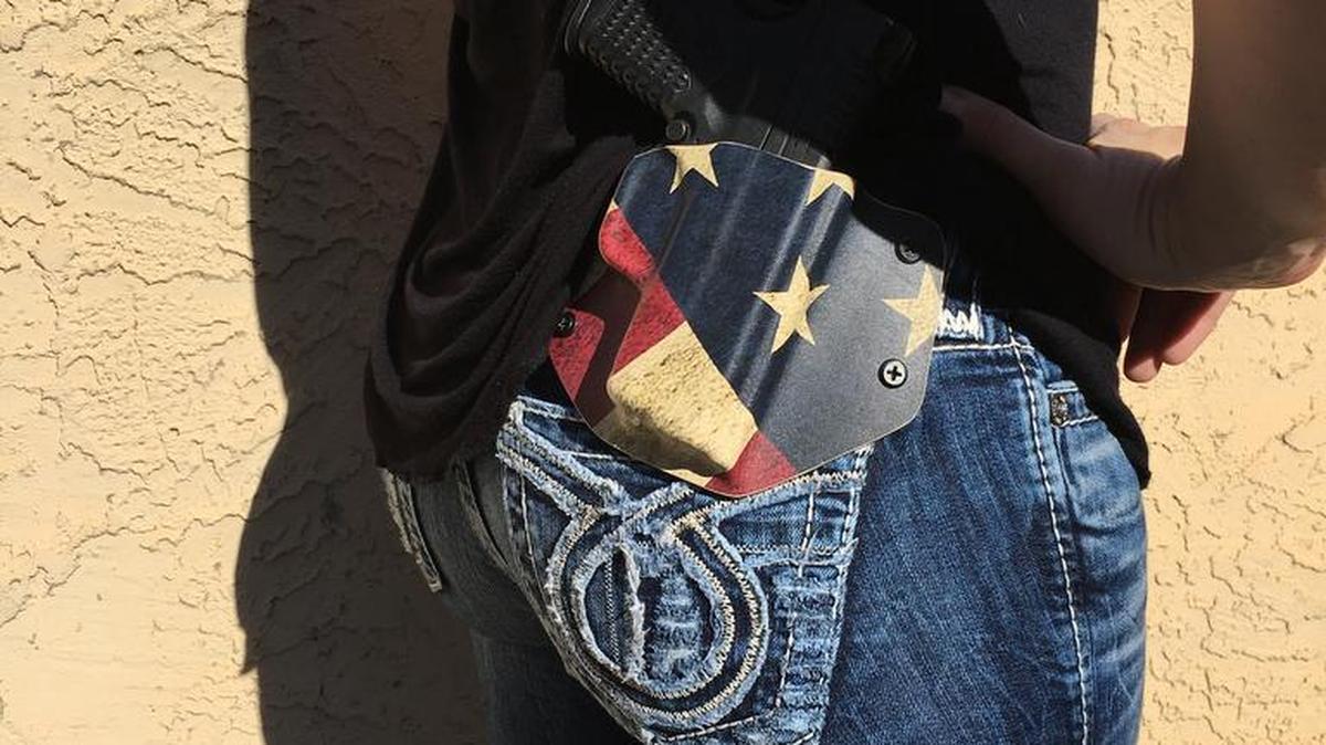 The Old Glory design is very popular right now. “Gun owning people are very patriotic people,” said Carrie Lightfoot, owner of The Well Armed Woman. “With a presidential election coming up, the violence in Paris, and gun sales on Black Friday being the greatest, we see people leaning toward the Old Glory pattern.”