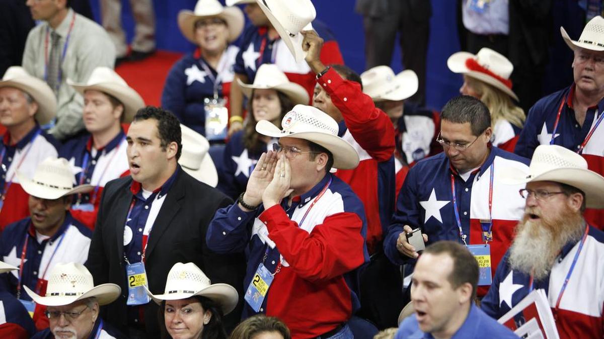 Delegates from Texas yelled during a point of order during the Republican National Convention at the Tampa Bay Times Forum in Tampa, Fla., on Aug. 28, 2012. Texas delegates stand out at the national political convention for their matching clothes. In 2012, Mitt Romney’s claimed the Republican Party’s presidential nomination.