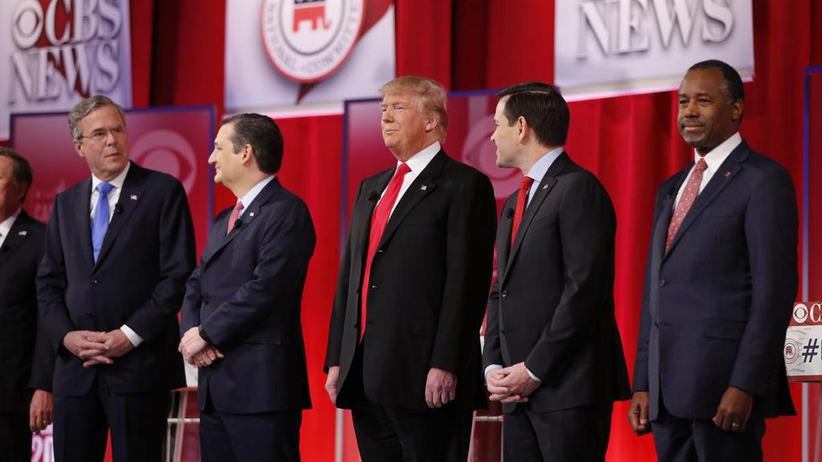 Republican presidential candidates are motivating Texas Republicans to head to the polls on the first day of early voting. The candidates gathered for the Feb. 13 debate in South Carolina. From left, Ohio Gov. John Kasich, former Florida Gov. Jeb Bush, Sen. Ted Cruz, R-Texas, businessman Donald Trump, Sen. Marco Rubio, R-Fla., and retired neurosurgeon Ben Carson.