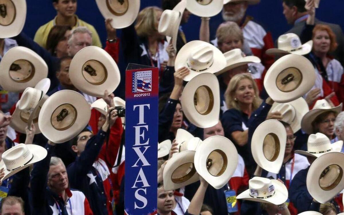 The Texas delegation always draws attention. Here they are, tipping their hats as then-US Senate candidate Ted Cruz from Texas was introduced on the second day of the Republican National Convention in Tampa, Florida, August 28, 2012.