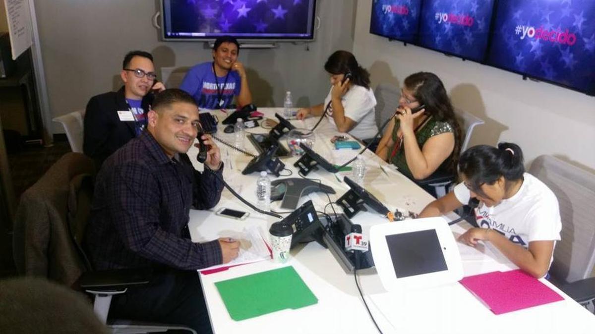 José Manuel Santoyo, top left, an immigrant activist and student at Southern Methodist University, helped get out the Latino voter by working several telephone banks.