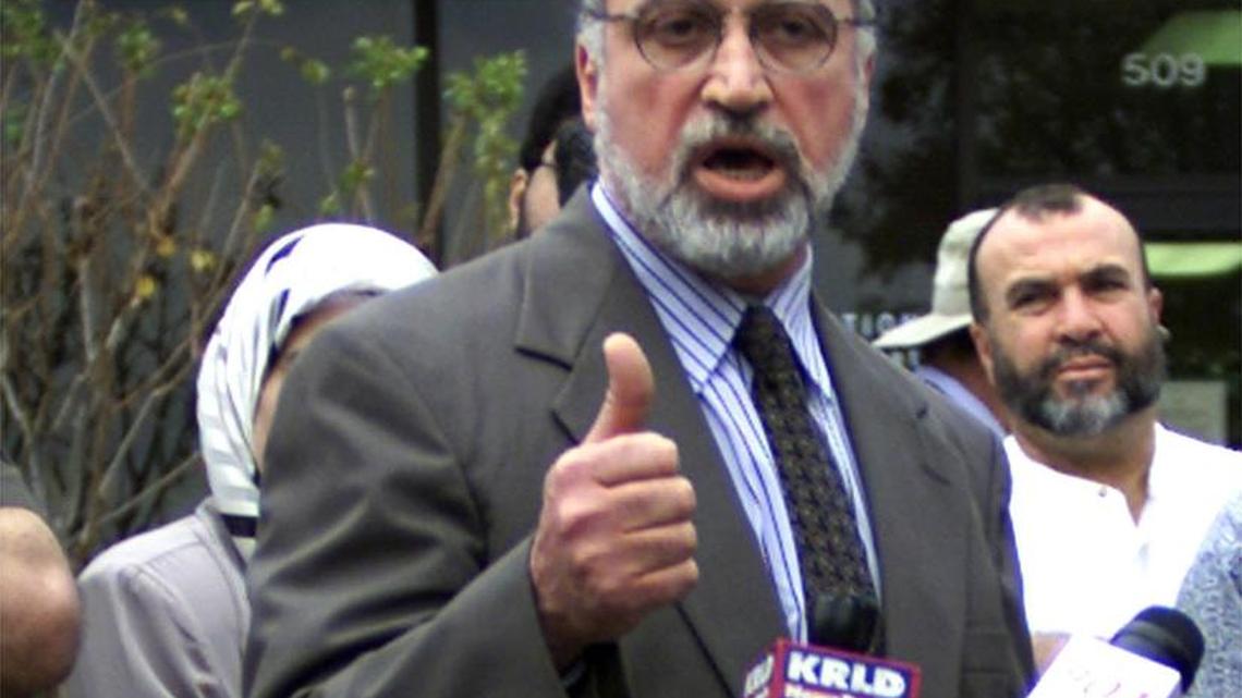 FILE: Ghassan Elashi, chairman of the Holy Land Foundation in Richardson, Texas, speaks at a news conference in this Wednesday, Dec. 5, 2001, file photo. Elashi and three of his brothers, Bayan, Basman, and Hazim were arrested and indicted Wednesday morning by the the FBI terrorism task force with 33-counts of money laundering and conspiracy. The fifth brother, Ihsan Elashyi, also known as Sammy Elashyi has been serving time for illegally exporting computer goods to banned countries in the Middle East. (AP Photo/Dawn Dietrich, File)