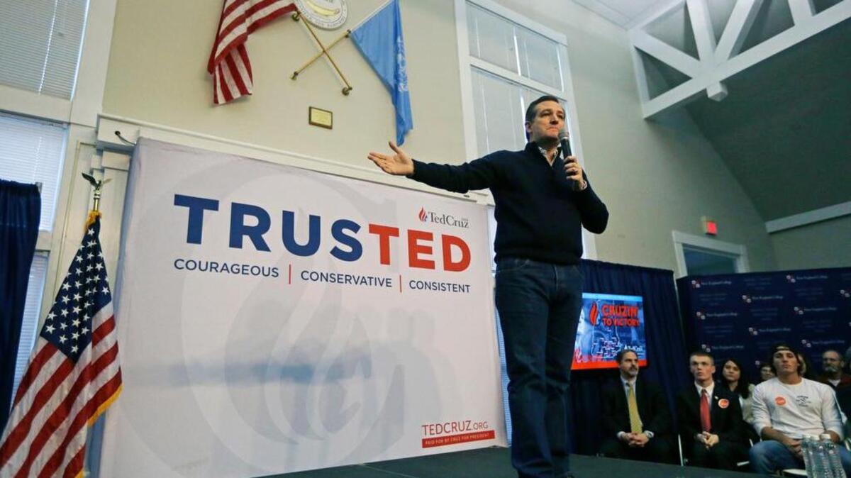File: Republican presidential candidate, Sen. Ted Cruz, R-Texas speaks at a town hall campaign event, Wednesday, Feb. 3, 2016, in Henniker, N.H. (AP Photo/Elise Amendola)