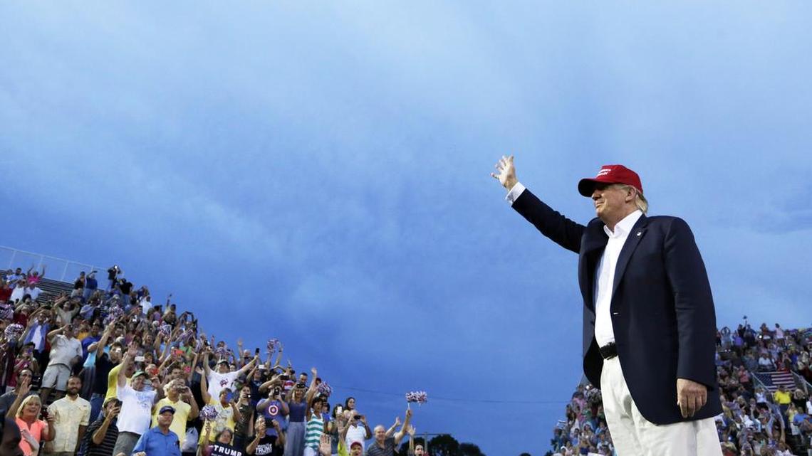 
FILE: In this Aug. 21, 2015 file photo, Republican presidential candidate Donald Trump speaks during a campaign pep rally in Mobile, Ala. NBC's "Meet the Press" had its biggest audience in more than a year for its Trump interview on Aug. 16, leading that show's biggest competitors, ABC's "This Week" and CBS' "Face the Nation," to feature phone interviews with the New York businessman this past Sunday. (AP Photo/Brynn Anderson, File)
