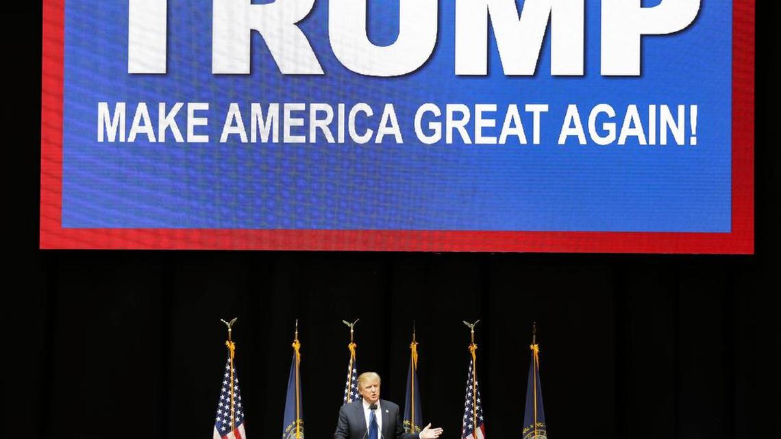 Live: Republican presidential candidate, businessman Donald Trump addresses a campaign rally Monday, Feb. 8, 2016, in Manchester, N.H. (AP Photo/David Goldman)