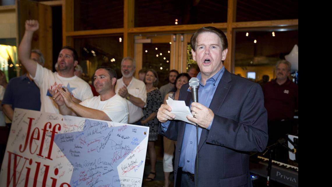
Arlington Mayor-elect Jeff Williams speaks to his supporters as the returns indicate his win at his election night watch party at River Legacy Living Science Center on Saturday.

