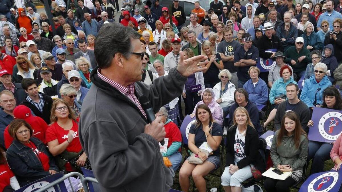 Rick Perry campaigned in Iowa in 2015 in preparation for the 2016 presidential race. Strapped for funds, Perry withdrew early in the race.