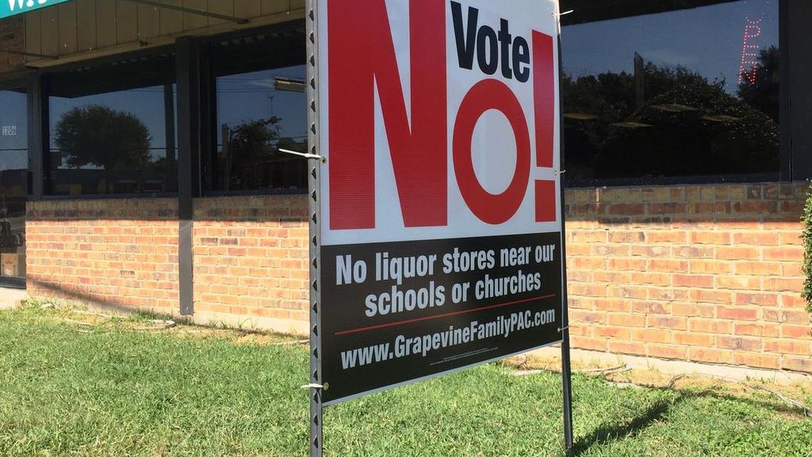 A sign opposing the sale of hard liquor was displayed last month in front of Waffle Way, a popular local breakfast restaurant. Grapevine voters on Tuesday were asked to decide whether to approve liquor sales.