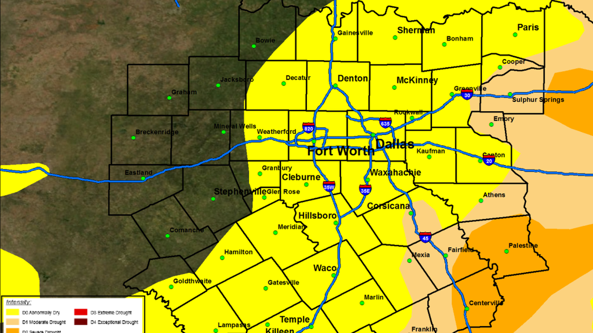 
Fort Worth, Dallas and cities throughout north Texas are “abnormally dry,” as noted by the U.S. Drought Monitor.
