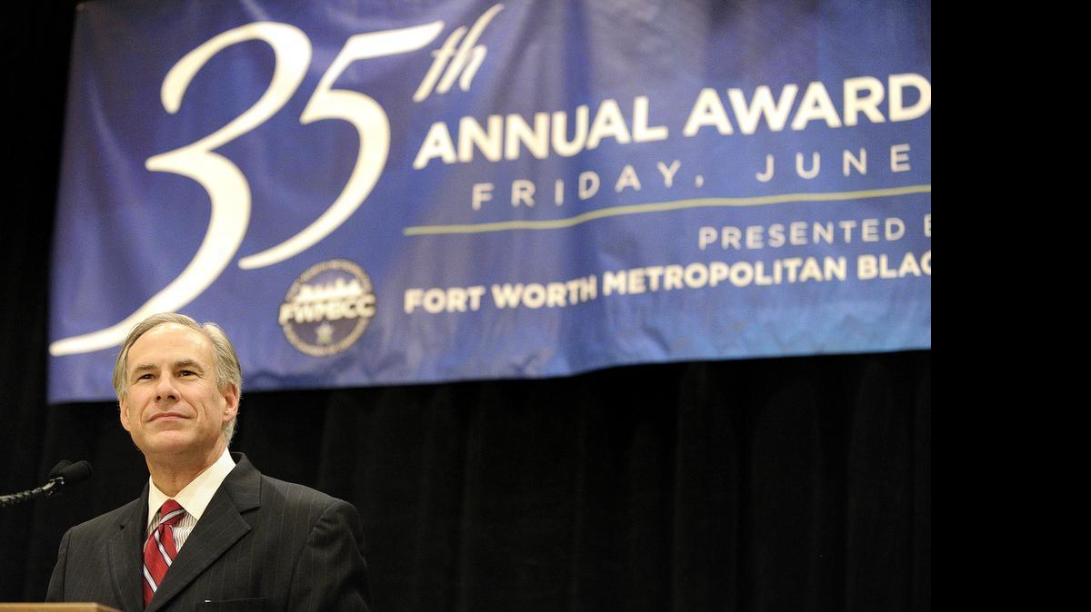
Texas Gov. Greg Abbott speaks at the 35th annual awards luncheon for the Fort Worth Metropolitan Black Chamber of Commerce's Juneteenth program Friday.
