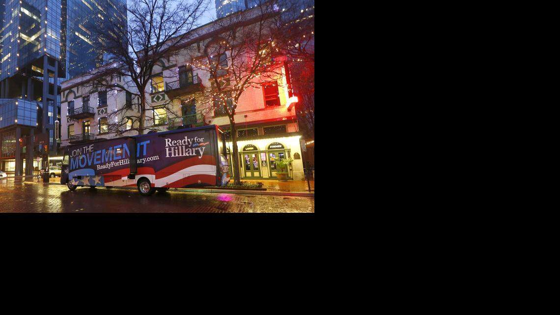 
A look at the Ready for Hillary tour bus in downtown Fort Worth. 
