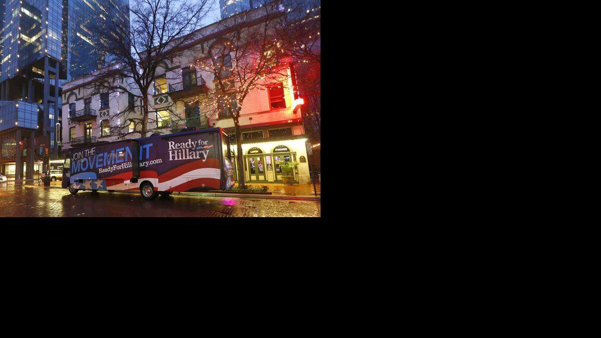 
A look at the Ready for Hillary tour bus in downtown Fort Worth. 

