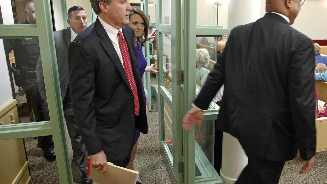 
Texas Attorney General Ken Paxton (left) arrived in State District Judge George Gallagher’s Fort Worth courtroom on Aug. 27 for arraignment. 
