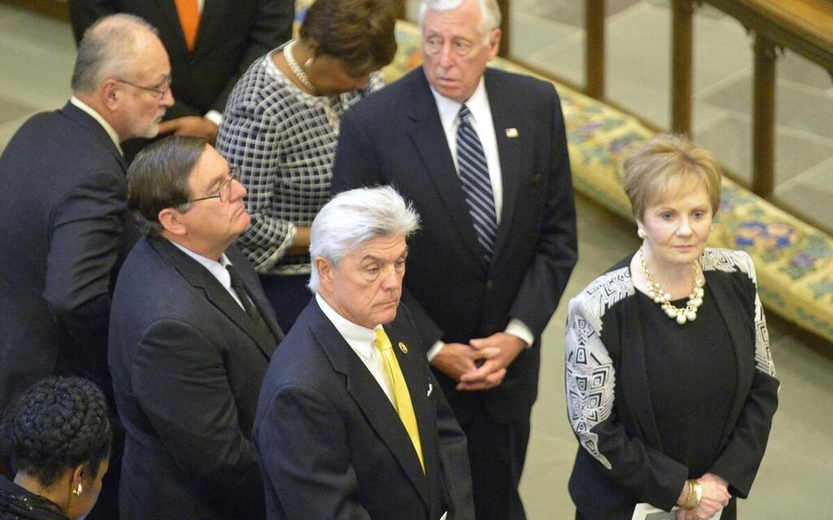 
U.S. Reps. Roger Williams, left, and Kay Granger, front, were among the congressional delegation at the funeral of former House Speaker Jim Wright on Monday. Behind Granger are House Minority Whip Steny Hoyer, D-Maryland, and Eddie Bernice Johnson, D- Dallas. Behind Williams is Rep. Michael Burgess,R-Lewisville. In left corner is Sheila Jackson Lee, D-Houston. 
