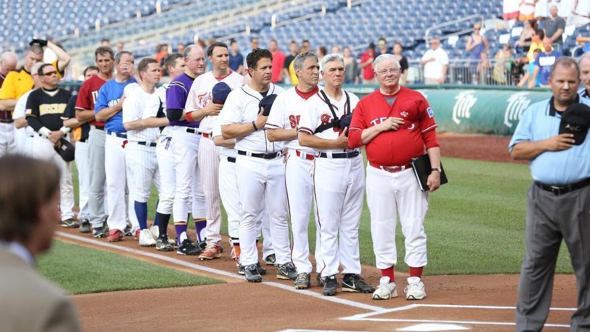 A photo from the 2015 congressional game, with Joe Barton, front and center, in a Texas Rangers jersey.
