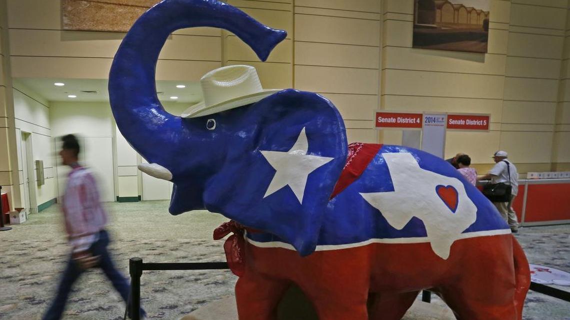 Painted Republican elephants traditionally welcome delegates to the Republican Party of Texas state convention. This one welcomed delegated two years ago when the convention was held in Fort Worth.