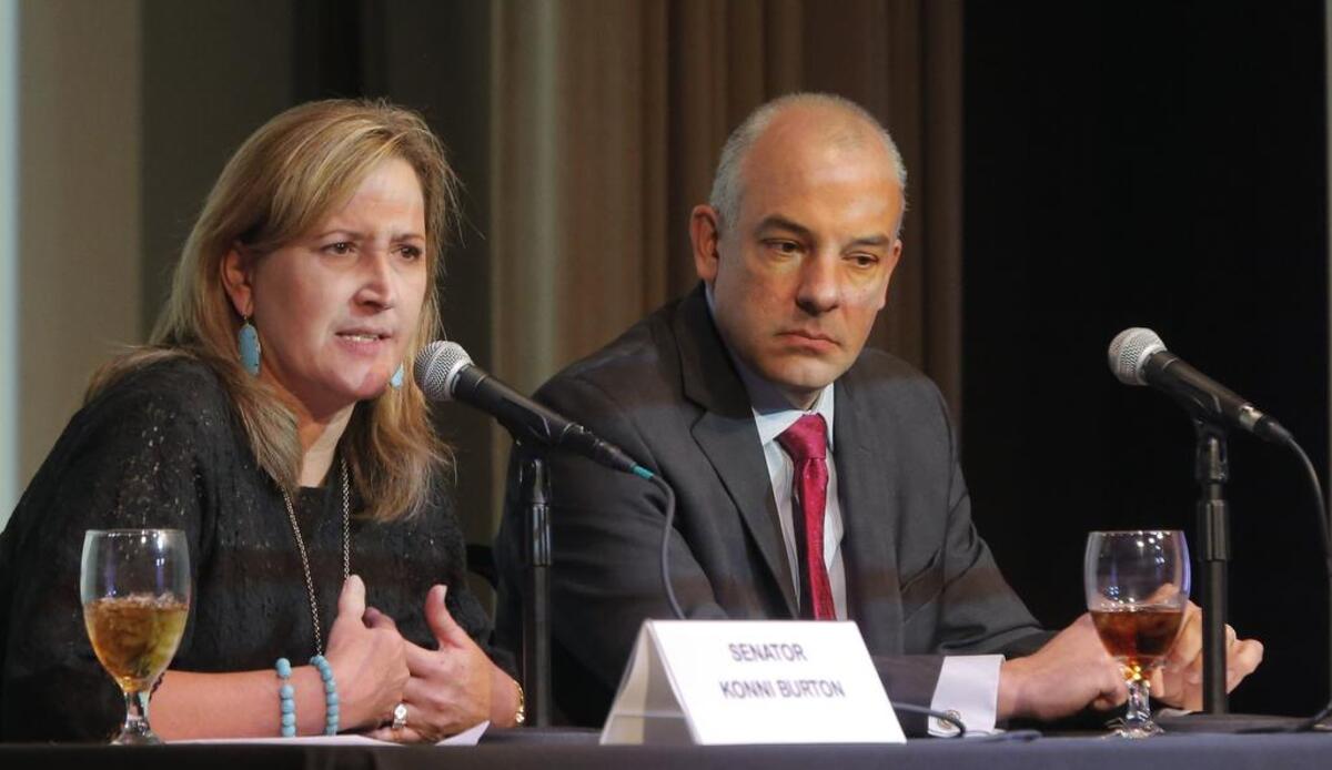 State Sen. Konni Burton, R-Colleyville, and State Rep. Chris Turner, D-Grand Prairie answer questions at the Fort Worth Chamber's Leaders in Government luncheon at Cendera Center December 2016.