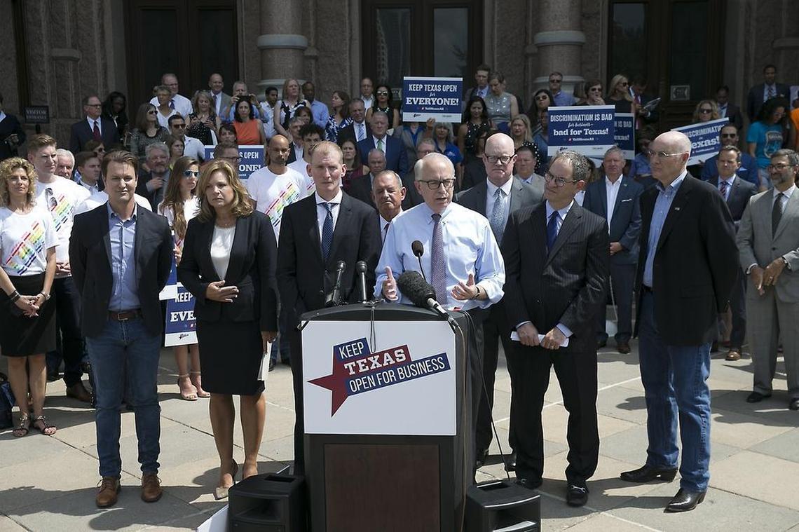 Jeff Moseley with the Texas Association of Business joins other Texas business and tourism representatives gather at the state Capitol on Monday to urge lawmakers not to approve bills to regulate transgender bathroom access. They contend such laws would be discriminatory and have a negative impact on the state’s economy.
