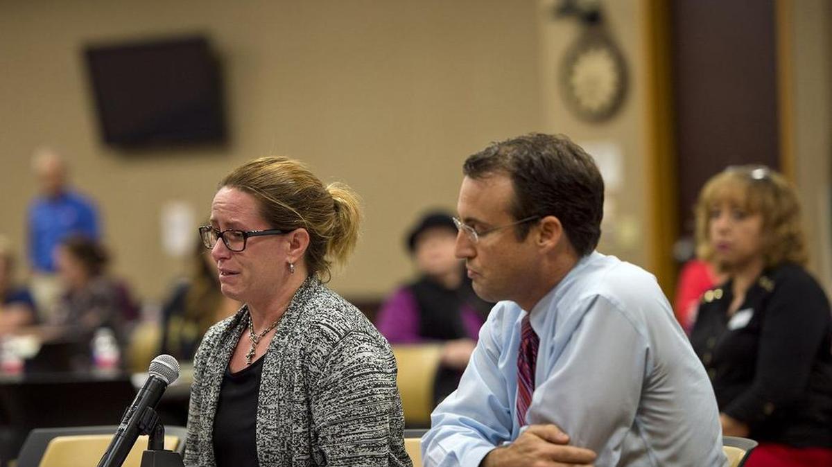Jean Gearhart gives a tearful statement with her husband, Troy Gearhart, to the panel about her special needs child. U.S. Department of Education officials held a meeting in Edinburg on their tour of Texas to hear community members’ experiences with special education.