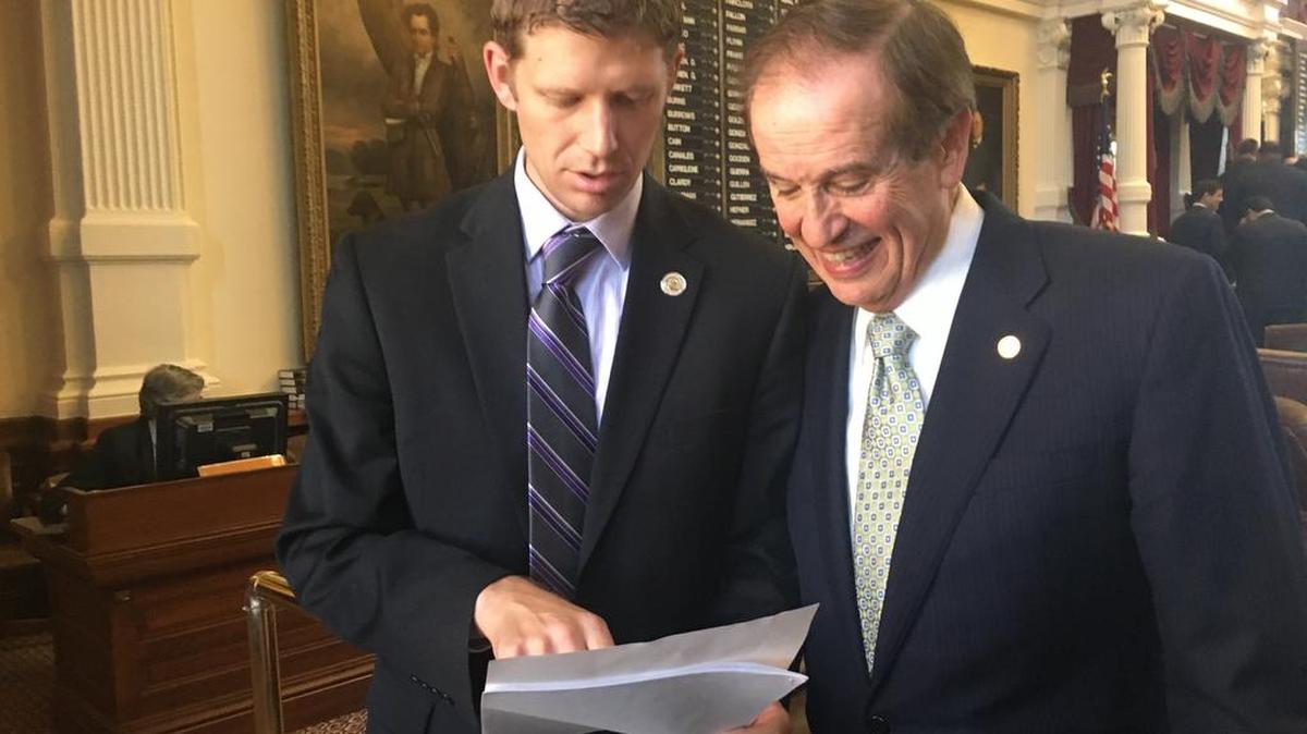 Two Tarrant County members of the Texas House Freedom Caucus — Reps. Matt Krause, R-Fort Worth (left), and Bill Zedler, R-Arlington — discuss legislative issues on the sidelines of the House chamber. The caucus was created to advance a conservative agenda in the Legislature, often challenging the leadership of House Speaker Joe Straus.