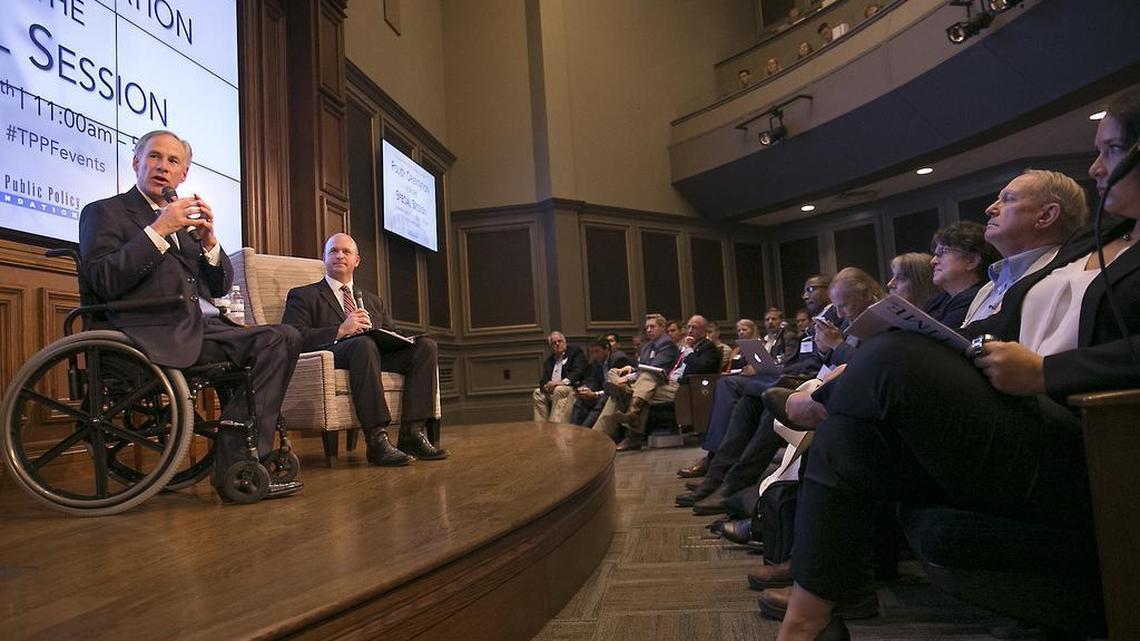 Texas Gov. Greg Abbott addresses the Texas Public Policy Foundation ahead of the legislative special session in Austin, Texas. Moderating the talk is Kevin Roberts, the foundation’s executive vice president.