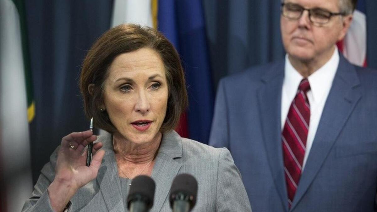 State Sen. Lois Kolkhorst and Lt. Gov. Dan Patrick unveil the text of Senate Bill 6, which would require transgender people to use bathrooms in public schools, government buildings and universities based on “biological sex,” on Jan. 5, 2017