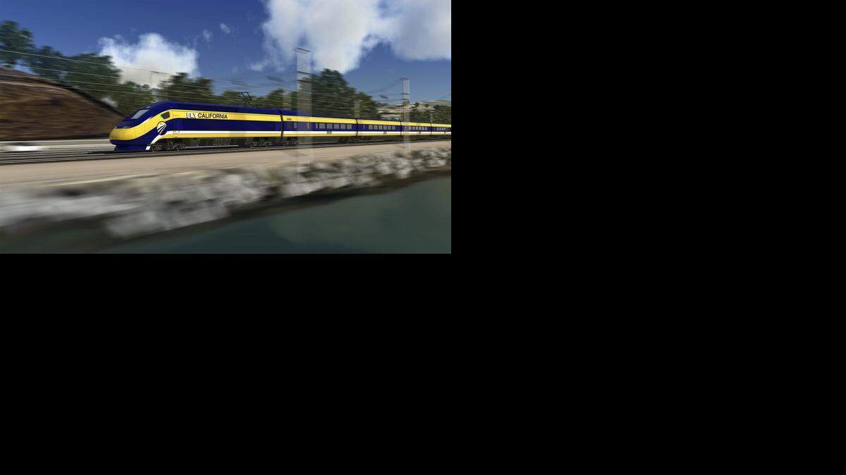 
FILE - This image provided by the California High Speed Rail Authority shows an artist's rendering of a high-speed train speeding along the California coast.