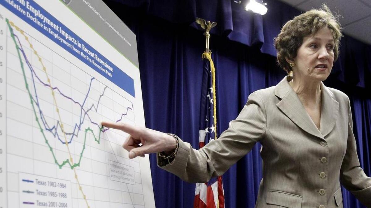 Texas comptroller Susan Combs points to a graph during a news conference after she released the 2012-13 Biennial Revenue Estimate, Monday, Jan. 10, 2011, in Austin, Texas.