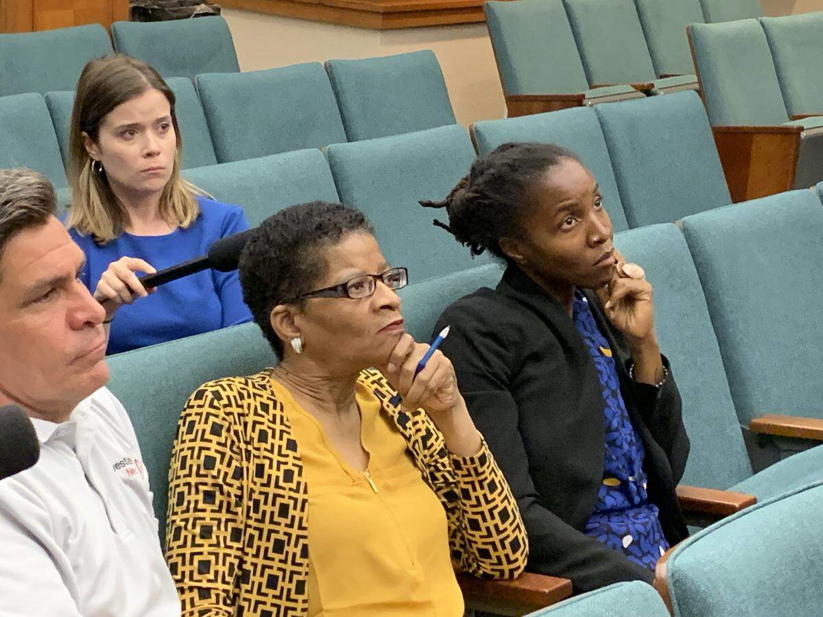 Geneva Reed-Veal, the mother of Sandra Bland, listens to Rep. Garnet Coleman, D-Houston, after a House committee hearing grilling Texas officials over newly released cellphone footage of Bland’s 2015 arrest.