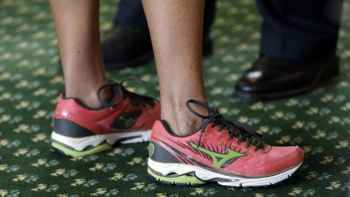 Sen. Wendy Davis, D-Fort Worth, wore running shoes as she filibustered in an effort to kill an abortion bill, Tuesday, June 25, 2013, in Austin, Texas.