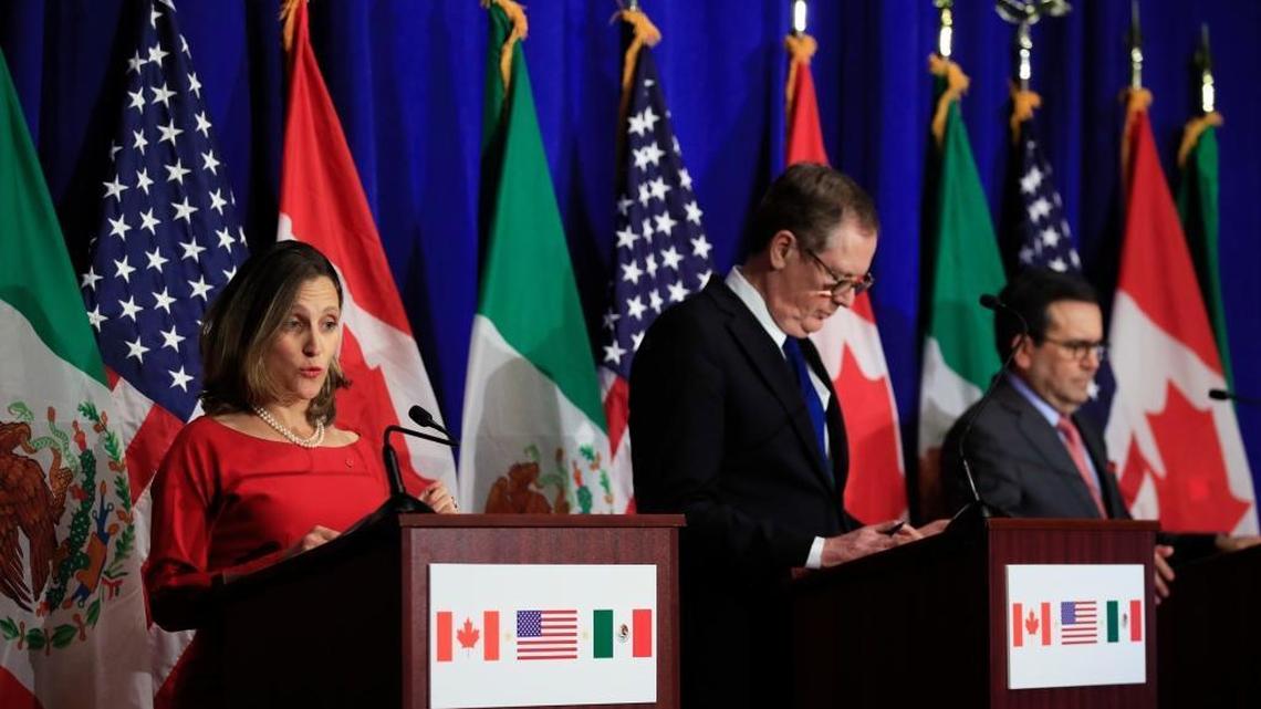 From left, Canadian Minister of Foreign Affairs Chrystia Freeland with United States Trade Representative Robert Lighthizer and Mexico's Secretary of Economy Ildefonso Guajardo Villarreal speaks during the conclusion of the fourth round of negotiations for a new North American Free Trade Agreement.