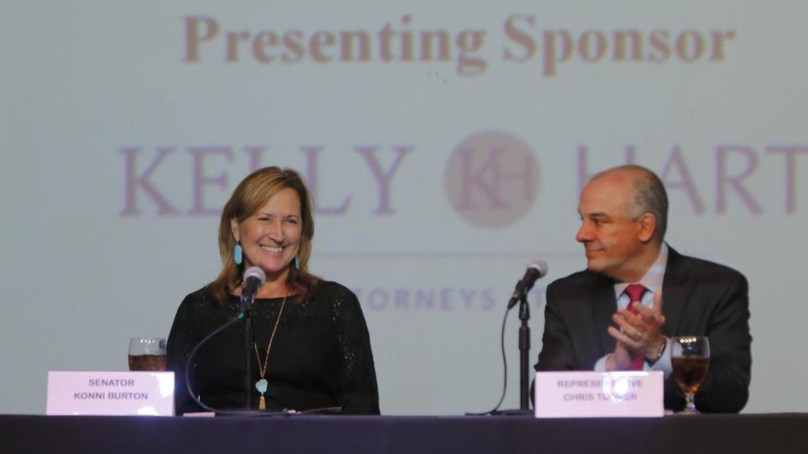 State Sen. Konni Burton, R-Colleyville, and state Rep. Chris Turner, D-Arlington, answered questions at the Fort Worth Chamber’s Leaders in Government luncheon at Cendera Center Tuesday.
