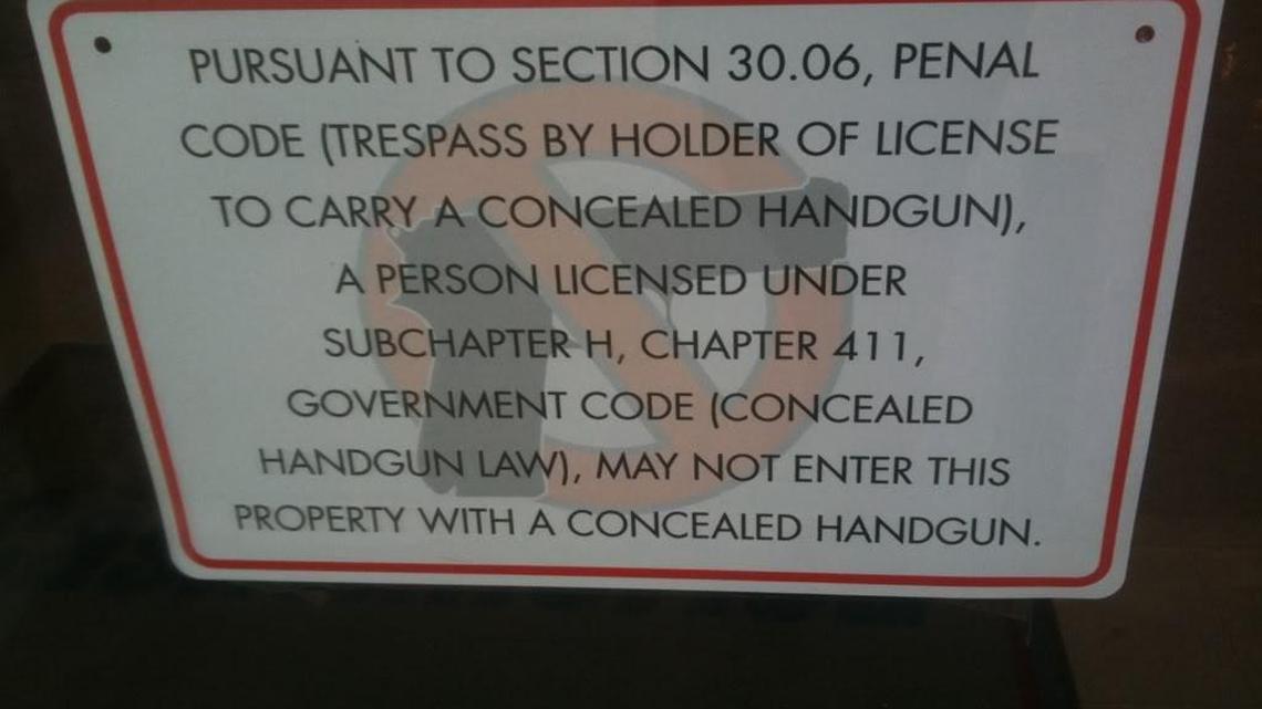 
This is an example of the 30.06 sign that identifies areas off limits to guns in Texas
