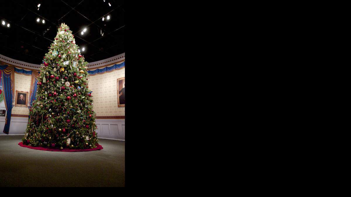 
A replica Christmas tree of the 18-foot tall Noble Fir from Elma, Washington, that stood in the Blue Room at the White House in 2002 is on display at the George W. Bush Presidential Library in Dallas. The theme of the tree, “All creatures Great and Small,” features 300 native bird ornaments, handcrafted by artists in all 50 states, D.C. and U.S. territories. 
