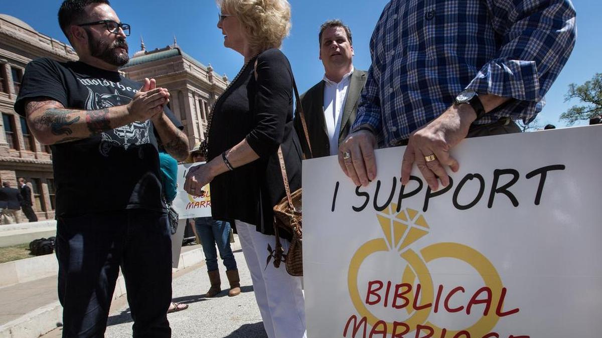 Same-sex marriage has sparked many protests and rallies in Texas, like this Defense of the Texas Marriage Amendment Rally in Austin in March. On Friday, the state Supreme Court agreed to hear a previously dismissed case, bringing the issue back to the forefront.