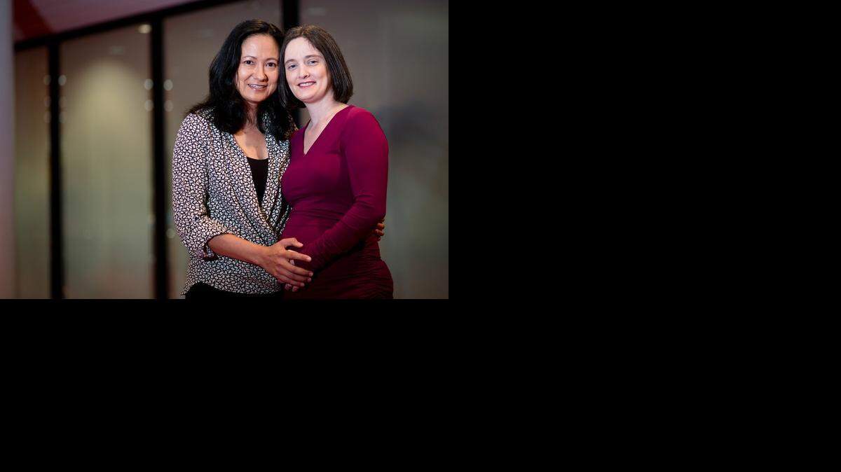 
Cleopatra De Leon and Nicole Dimetman, plaintiffs in the Texas same-sex marriage lawsuit, pose before a a town hall discussion about the upcoming hearing before the U.S. Fifth Circuit Court of Appeals.

