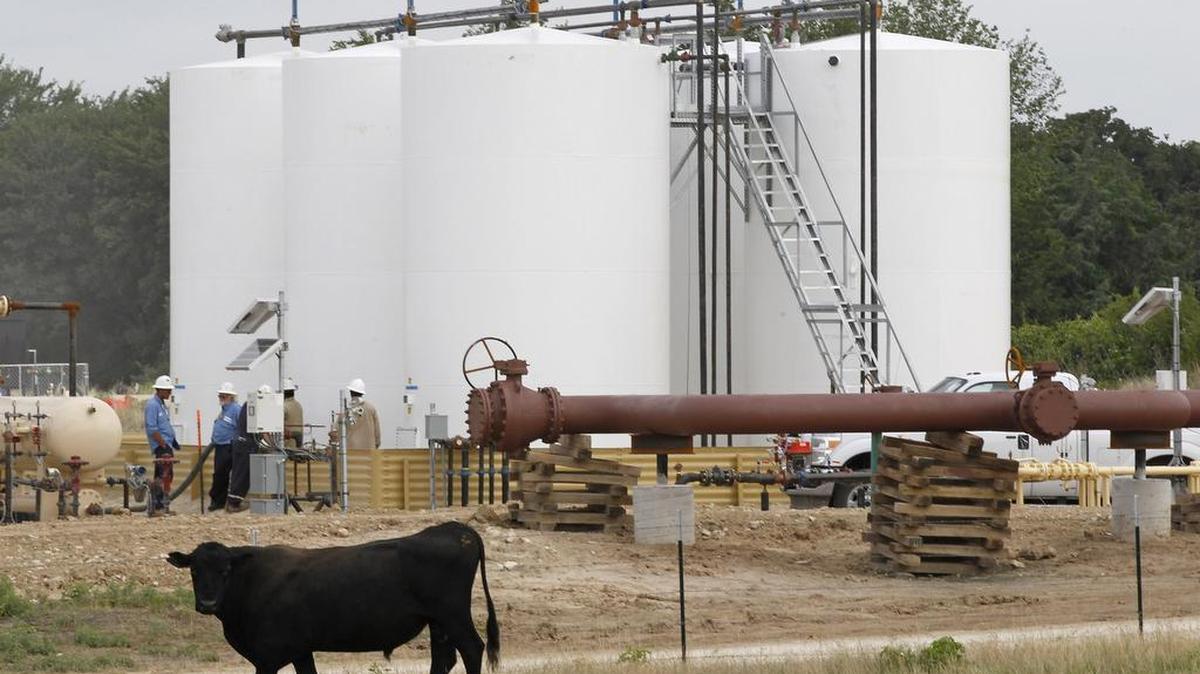 Storage tanks sit among cattle in the Montague County area in this file photo.
