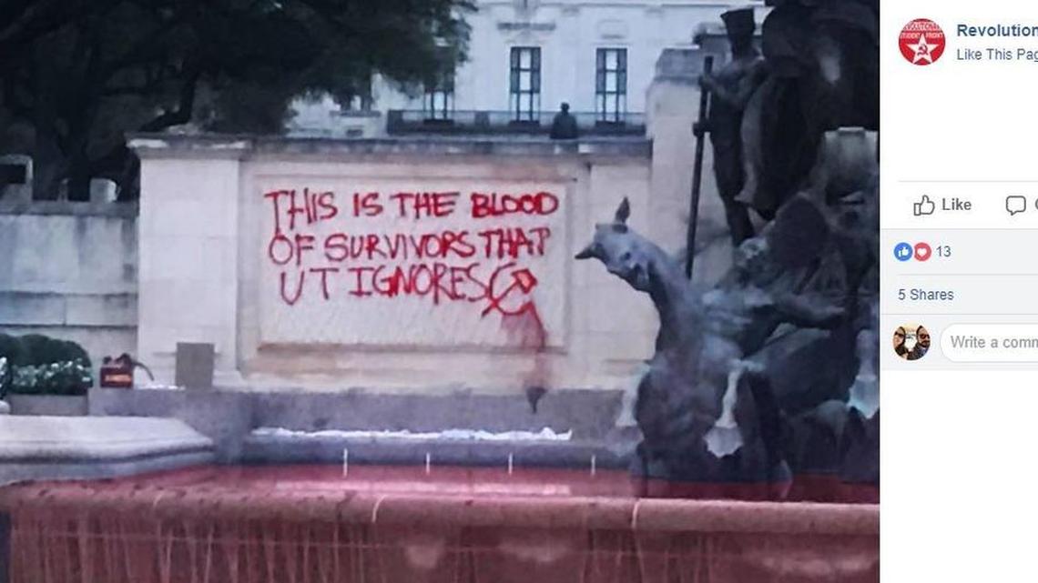 The Revolutionary Student Front claimed responsibility for the graffiti and dye in Littlefield Fountain on the University of Texas campus Thursday, International Women’s Day.