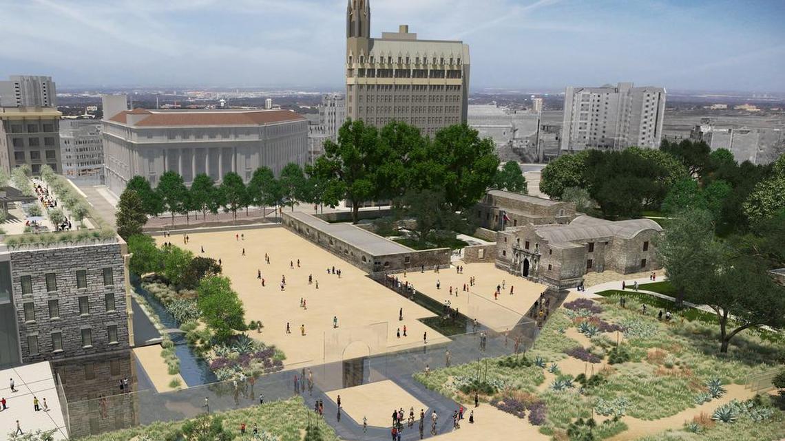 A daylight view of the Alamo Plaza envisioned in the plan.