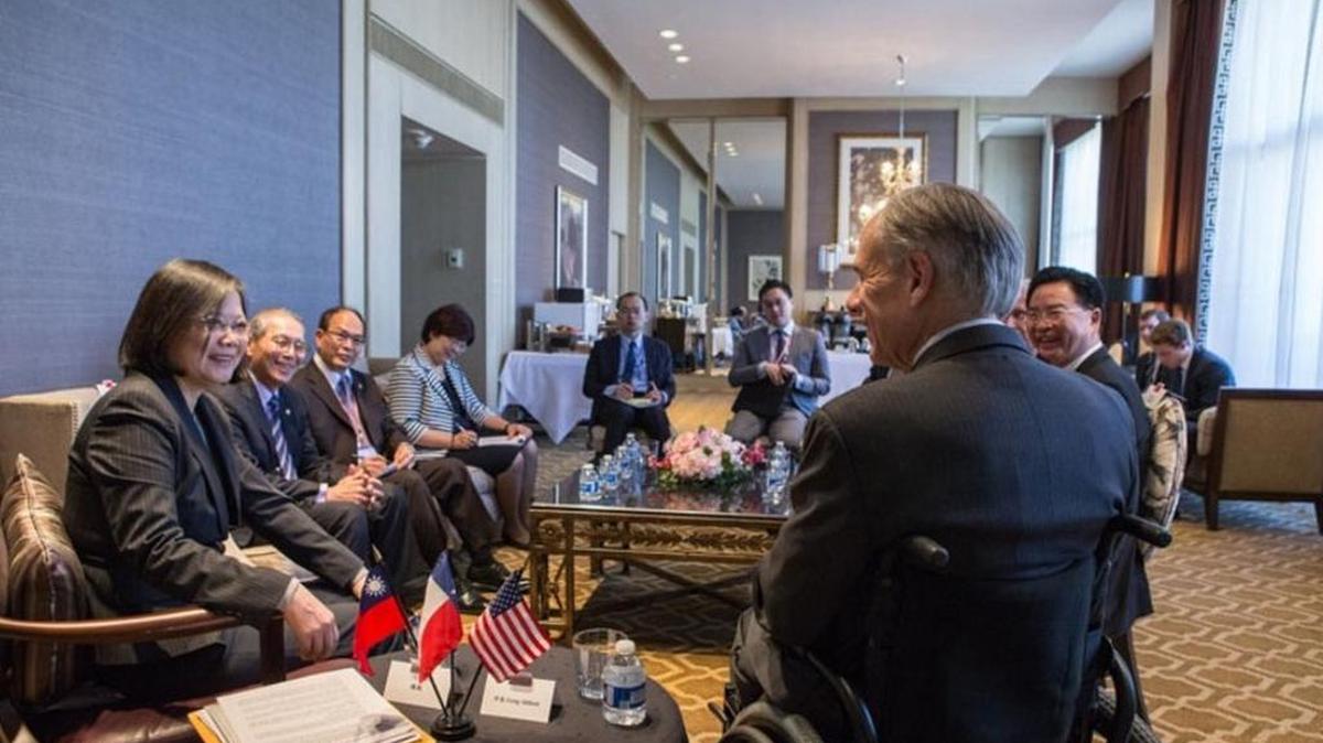 Gov. Greg Abbott, right, meets with Taiwan President Tsai Ing-wen in Houston on Sunday.