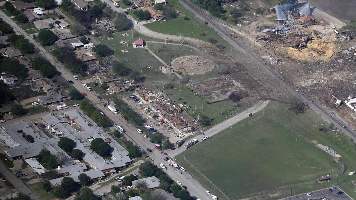 A 2013 aerial photo shows the remains of a nursing home, left, apartment complex, center, and the fertilizer plant in West.