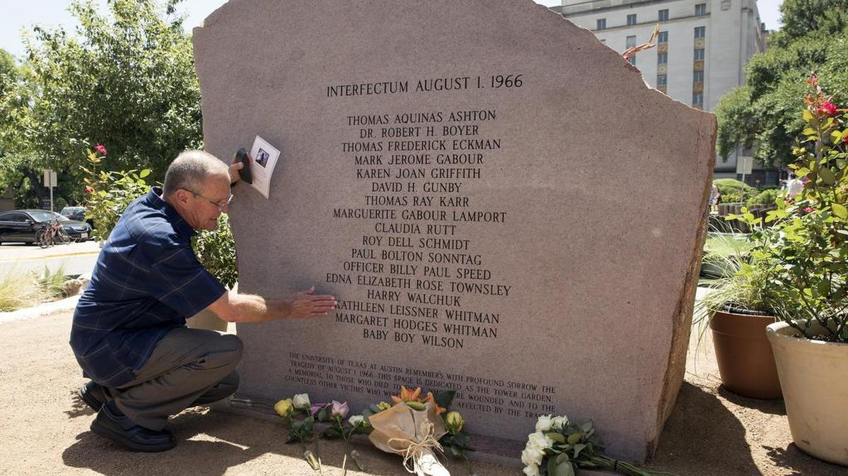 Nelson Leissner pauses in memory of his sister, Kathleen Leissner Whitman, at the 50th anniversary remembrance of the tower shootings Monday.