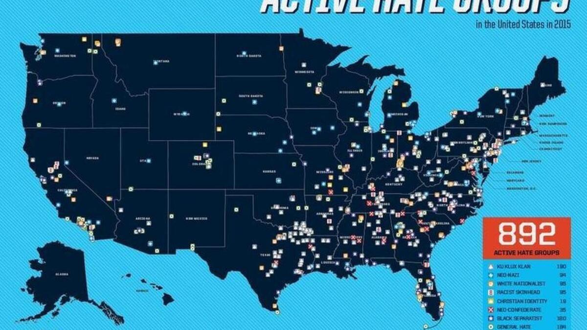 The number of active hate groups rose from 784 in 2014 to 892 in 2015, according to Southern Poverty Law Center.