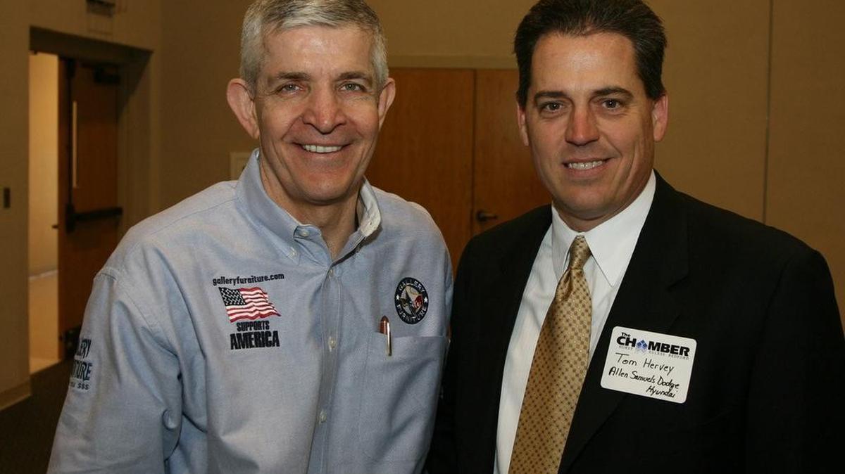 Jim “Mattress Mack” McIngvale, left, shown here with Tom Hervey, attended the HEB Chamber monthly luncheon at First United Methodist Chruch of Hurst in 2007.
