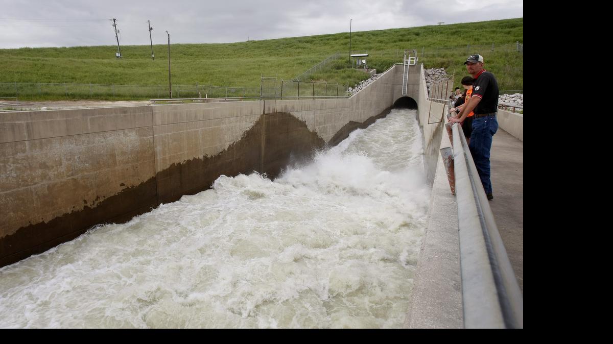 
Water sluiced into the Elm Fork of the Trinity River from Lake Ray Roberts on Tuesday, May 12, 2015.
