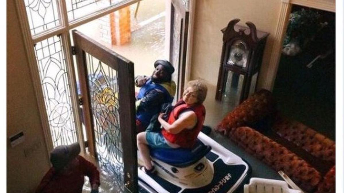 A Reddit poster shared a photo of an elderly woman described as a friend’s grandmother leaving her home on the back of a jetski.